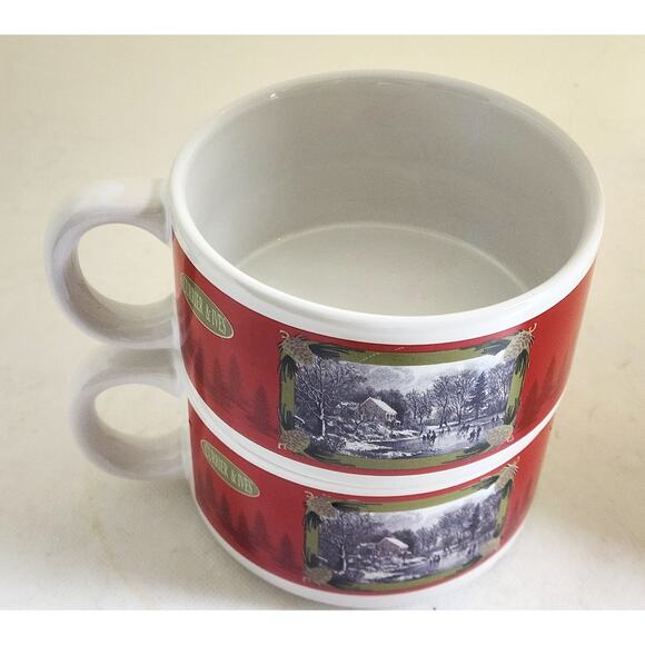 SOUP BOWLS-CURRIER & IVES-HOUSTON HARVEST-Holiday Design-Winter Skating-Set of 2 - Picture 5 of 13
